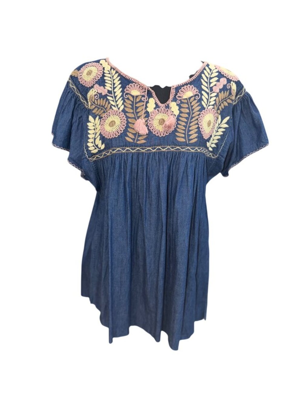 Denim Tunic Top Boho Santa Fe Western Floral Embroidery Flutter Sleeves Womens M - Picture 2 of 8